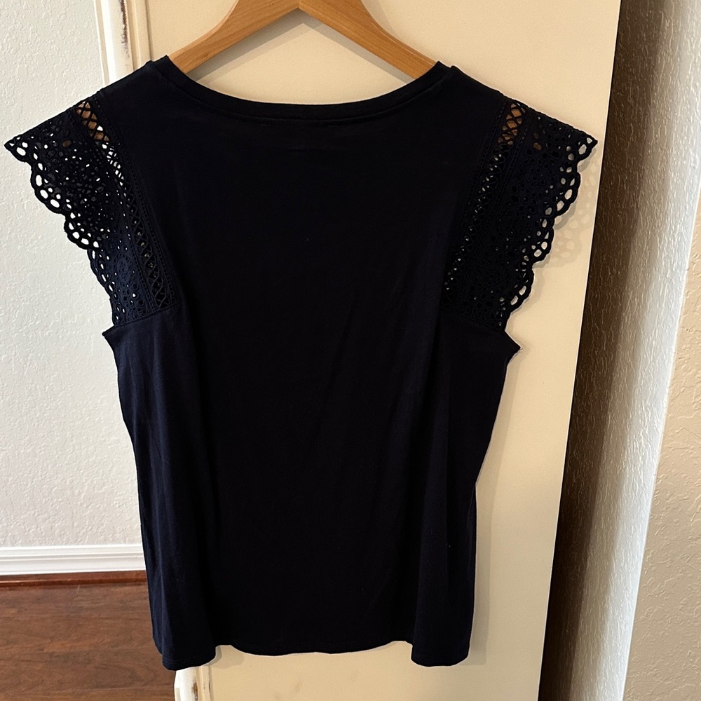 LOFT Navy Crochet Sleeve Blouse - Picture 2 of 3